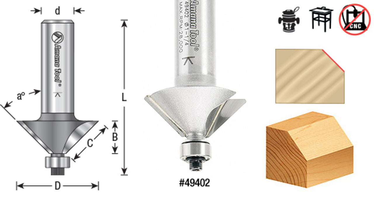 49400 Amana Tool 45 Degree Chamfer Bit with Lower Ball Bearing