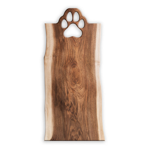 walnut wood cheese board with a dog paw handle cut out of the top of it for easy finger grip and a unique design