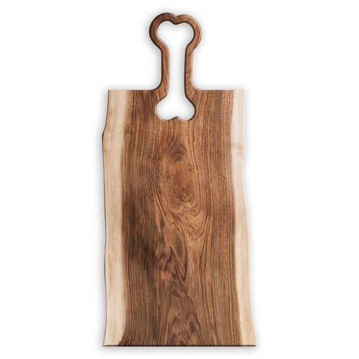 walnut wood board with a dog bone vertically at the top showing the design of a unique handle perfect for dog lovers