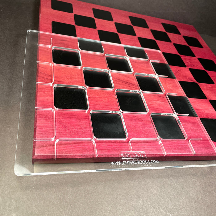 purple heart wood with black resin filled in a checkered pattern for play the game chess 