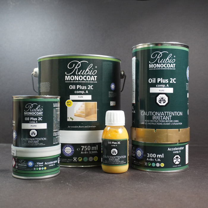 four different size containers of rubio monocoat most natural looking oil finish that is the most popular wood finish for walnut, ash, oak, cherry, maple and other wood species. This Pure oil finish enhances the natural beauty of the wood