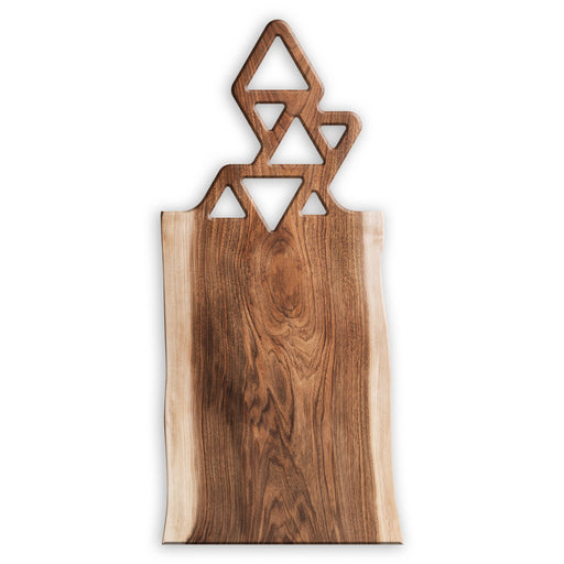 walnut wood charcuterie and cheese board with unique vertical triangle handle