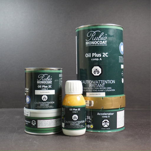 green containers showing Super White oil finish that are available for purchase
