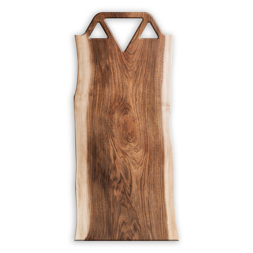 walnut wood cheese board with three triangles cut out at the top for a beautiful handle design