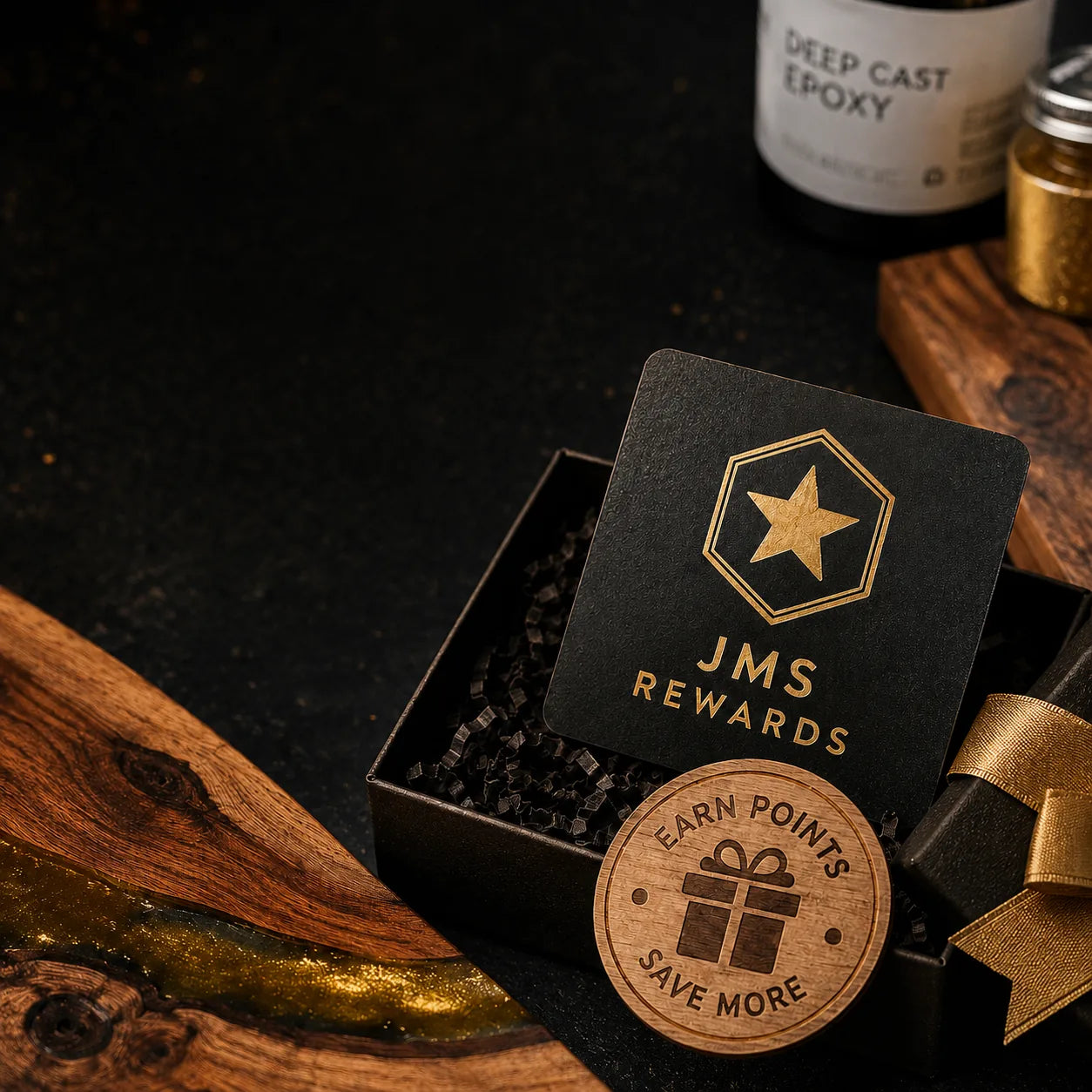 Jeff Mack Supply rewards program gift box with wood, epoxy, and a wooden earn points token
