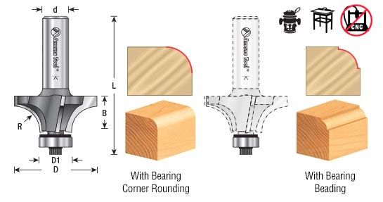 two computer renderings side by side that show two ways that the router bit can be used with or without the bearing