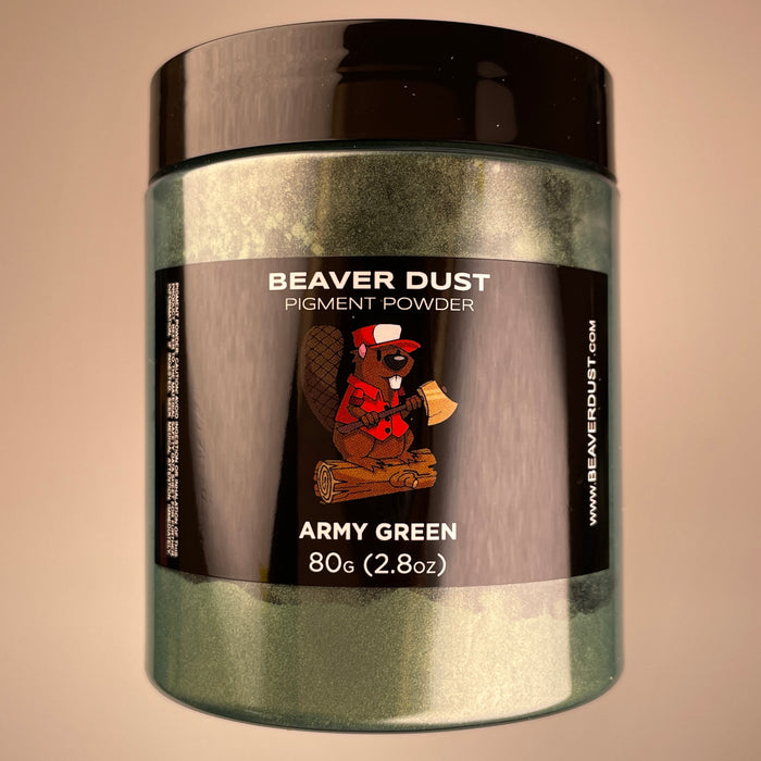 Logo of beaver sitting on log with axe in hand showing colour green that is inside the clear container
