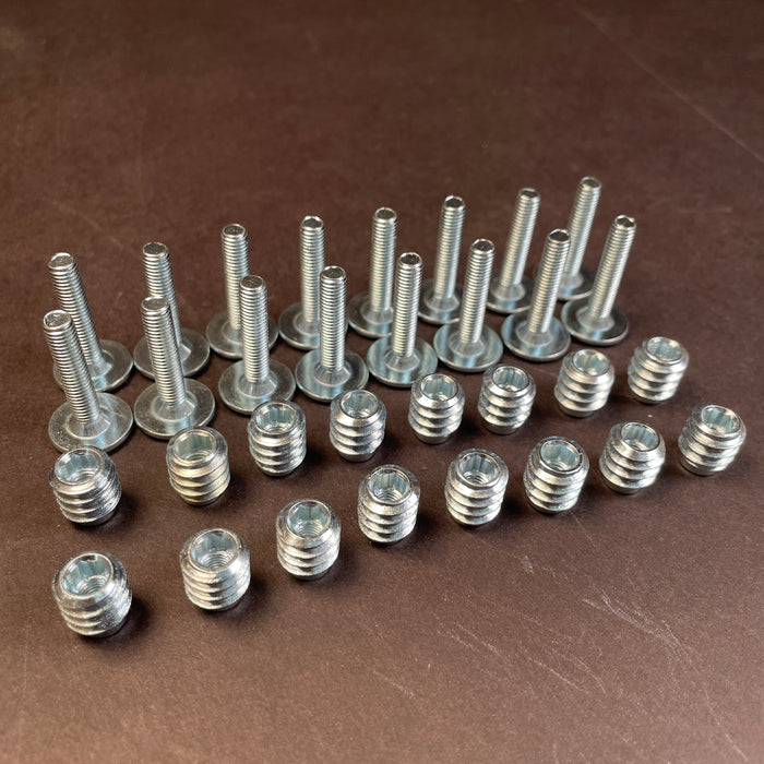 Rampa threaded insert and bolts showing two nice neat rows layed out showing the total of 16 that you get in your purchase. These photos are M5 Size