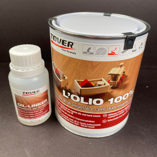 large container of a part a part b oil finish that is natural and gives a clear finish to your wood working projects