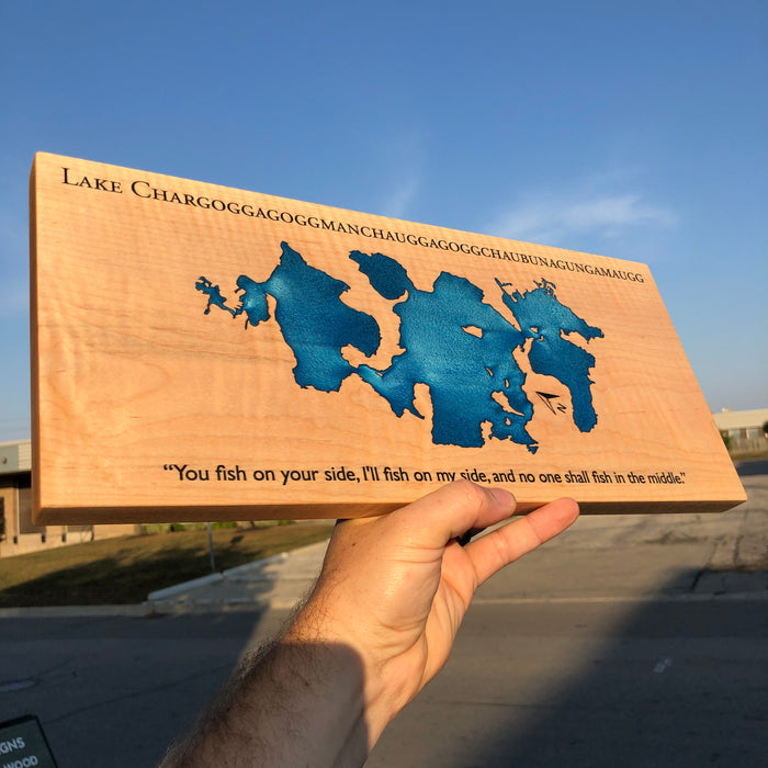 Custom, Jeff Mack Designs epoxy and wood sign featuring Lake Chargoggagoggmanchauggagoggchaubunagungamaugg in Massachusetts..