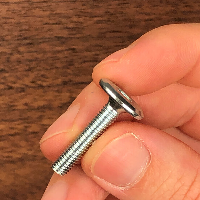 shorter screw with a flat head held between two fingers for scale